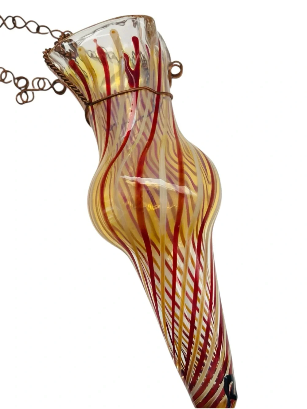 Vintage Robert Coleman Signed RC Handblown Spiral Glass Hanging Chain Bud Vase